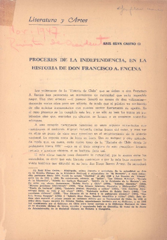 Próceres de la independencia, en la historia de Don Francisco A. Encina  [artículo] Raúl Silva Castro.