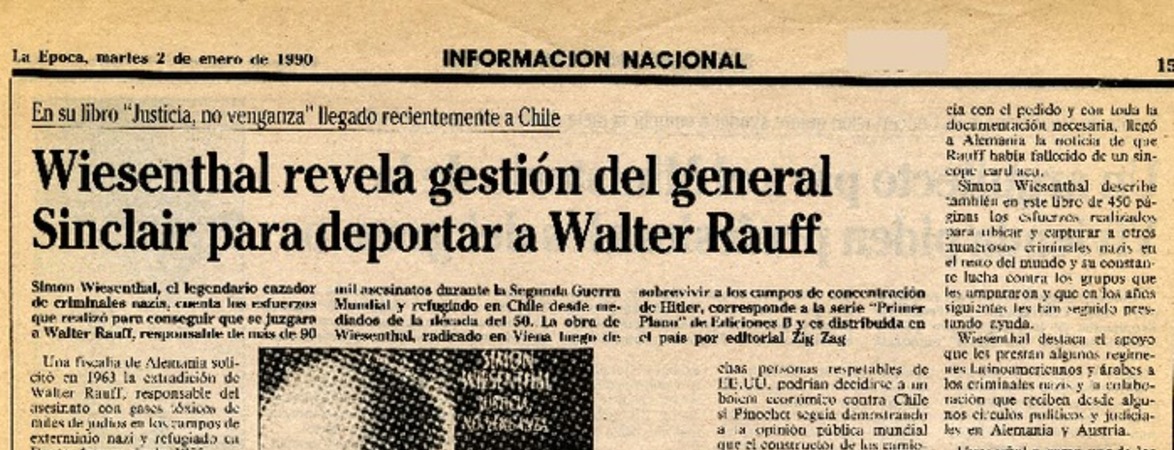 Wiesenthal revela gestión del general Sinclair para deportar a Walter Rauff.  [artículo]
