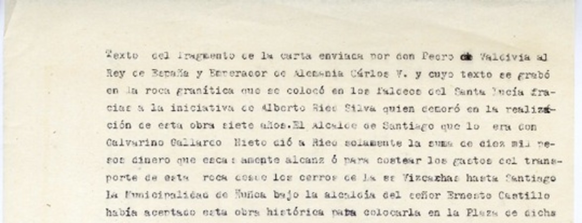 [Extracto del fragmento de la carta de Pedro de Valdivia a Carlos V]  [manuscrito]