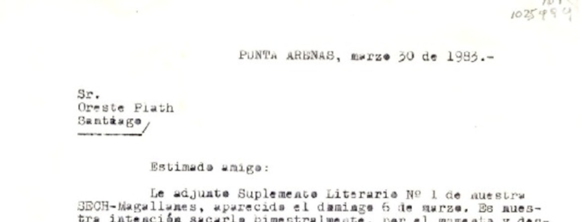 [Carta] 1983 marzo 30, Punta Arenas, Chile [a] Oreste Plath  [manuscrito] Eugenio Mimica Barassi.