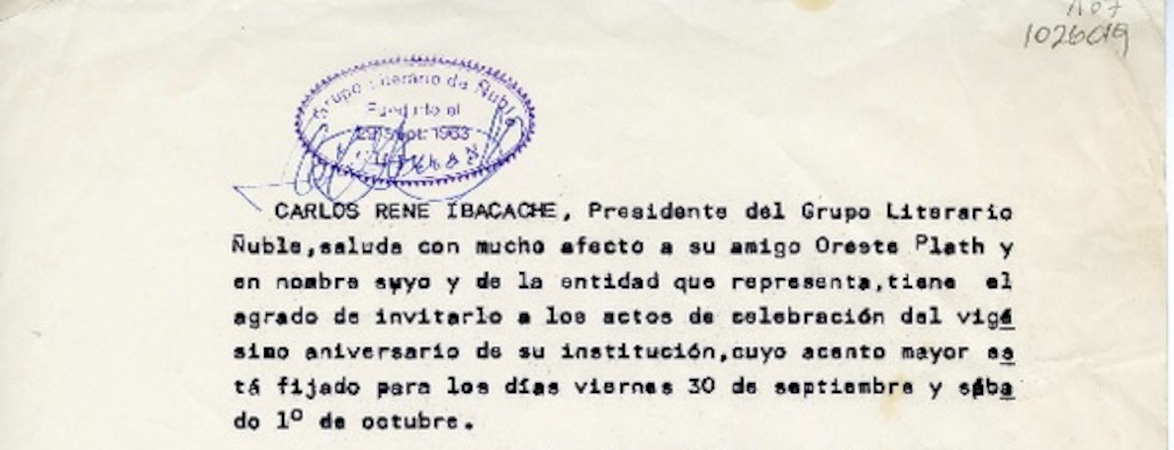 [Carta] 1983 agosto 24, Chillán, Chile [a] Oreste Plath  [manuscrito] Carlos René Ibacache.