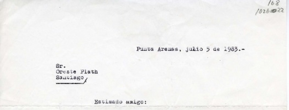 [Carta] 1983 julio 5, Punta Arenas, Chile [a] Oreste Plath  [manuscrito] Eugenio Mimica Barassi.