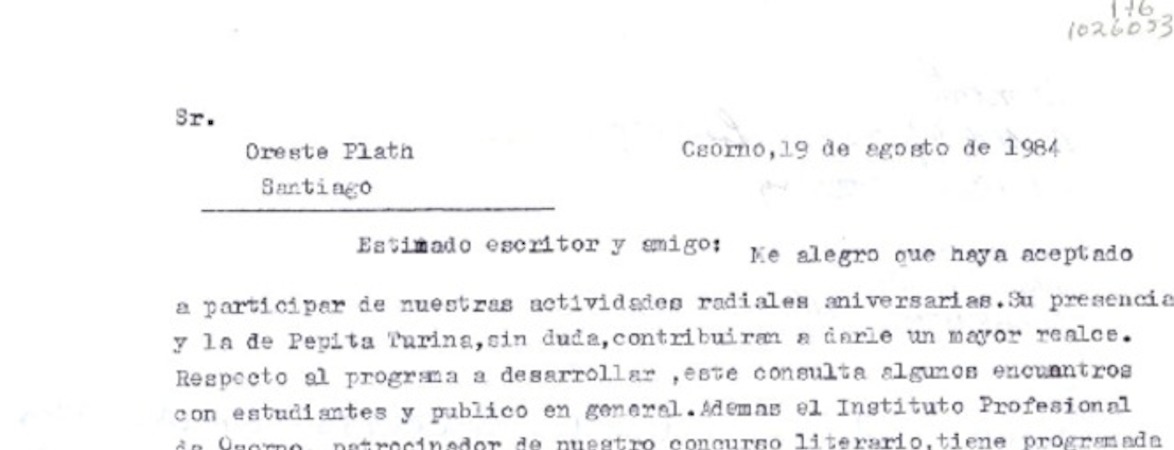 [Carta] 1984 agosto 19, Osorno, Chile [a] Oreste Plath  [manuscrito] Federico Tatter Oñate.