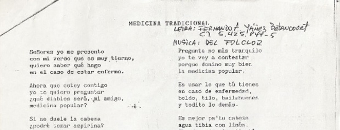 Medicina tradicional  [manuscrito] letra: Fernando A. Yañez Betancourt ; música: del Folclor.