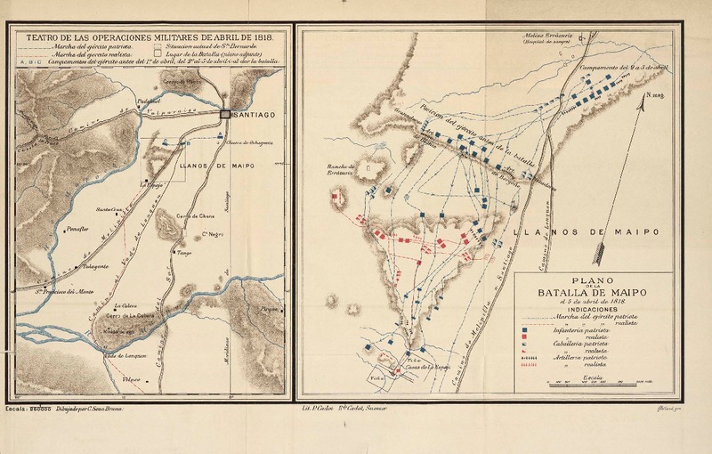 Plano de la batalla de Maipo  [material cartográfico] dibujado C. Soza Bruna