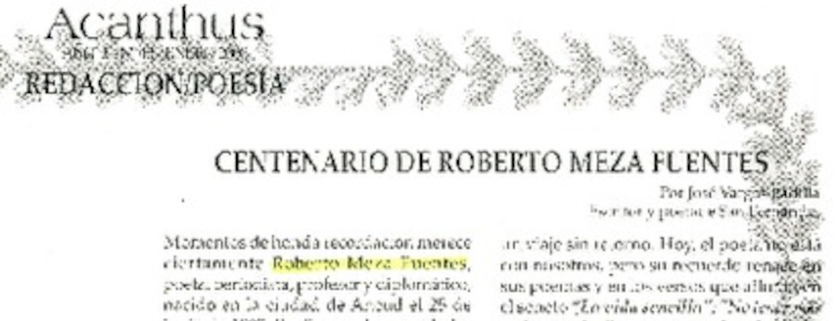 Centenario de Roberto Meza Fuentes  [artículo] José Vargas Badilla