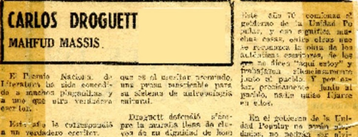 Carlos Droguett  [artículo] Mahfud Massis.
