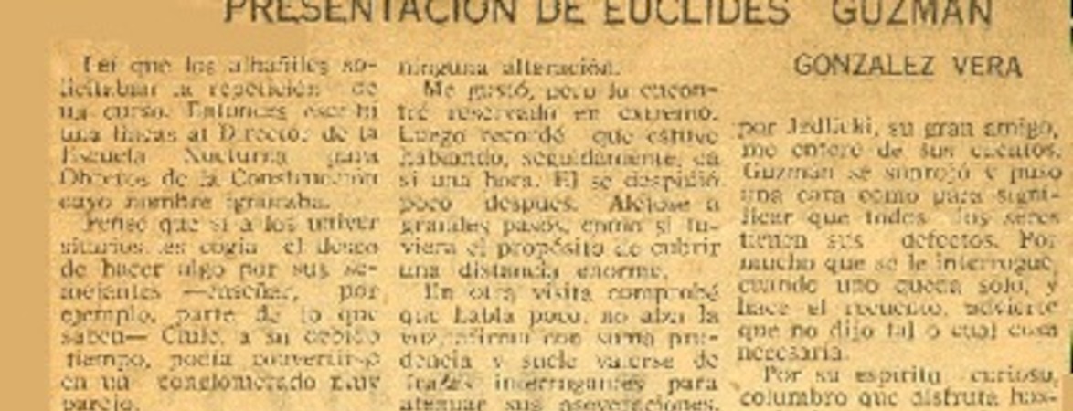 Presentación de Euclides Guzmán  [artículo] González Vera.