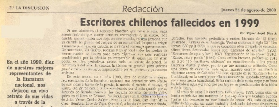 Escritores chilenos fallecidos en 1999  [artículo] Miguel Angel Díaz A.
