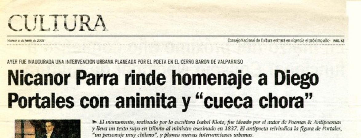 Nicanor Parra rinde homenaje a Diego Portales con animita y "cueca chora"  [artículo] Andrés Gómez.