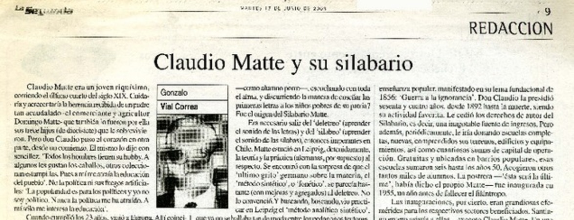 Claudio Matte y su silabario  [artículo] Gonzalo Vial Correa.