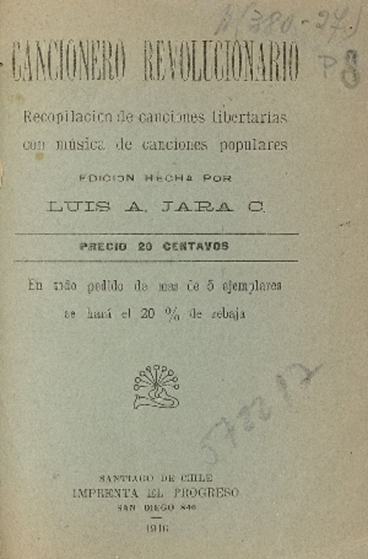 Cancionero revolucionario : recopilación de canciones libertarias con música de canciones populares edición hecha por Luis A. Jara C.