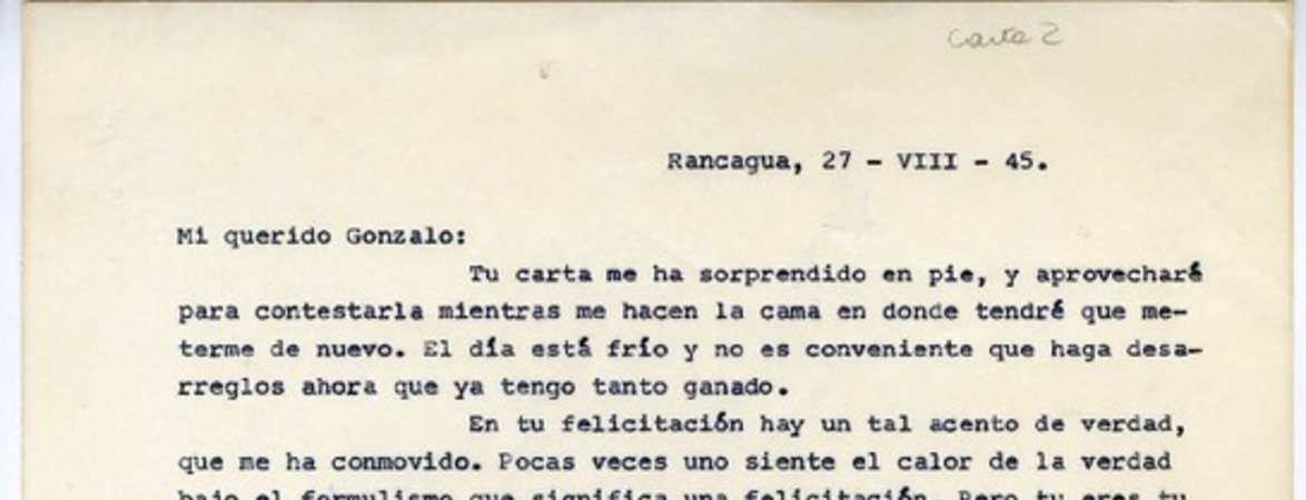 [Carta] 1945 agosto 27, Rancagüa, Chile [a] Gonzalo Drago  [manuscrito] Oscar Castro.