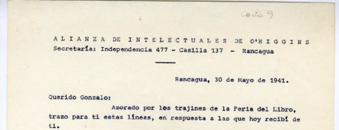 [Carta] 1941 mayo 30, Rancagüa, Chile [a] Gonzalo Drago  [manuscrito] Oscar Castro.
