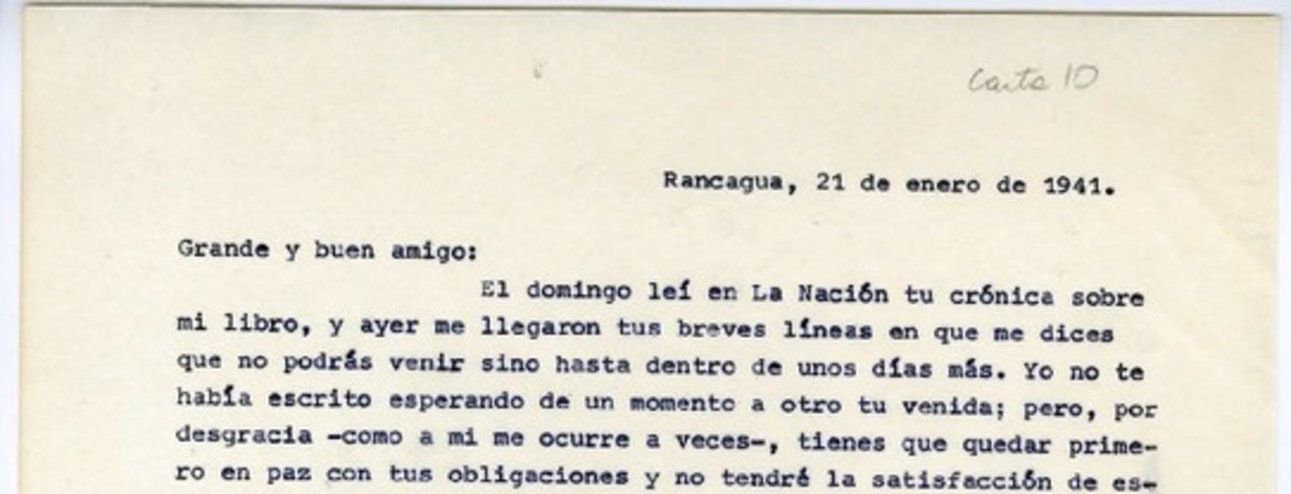 [Carta] 1941 enero 21, Rancagüa, Chile [a] Gonzalo Drago  [manuscrito] Oscar Castro.