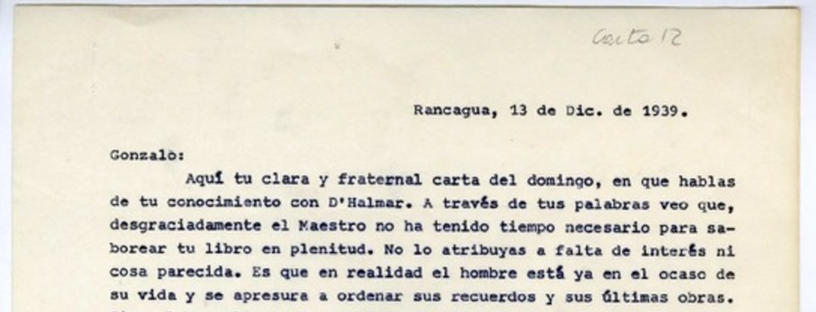 [Carta] 1939 diciembre 13, Rancagüa, Chile [a] Gonzalo Drago  [manuscrito] Oscar Castro.