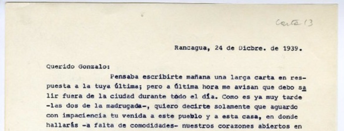 [Carta] 1939 diciembre 24, Rancagüa, Chile [a] Gonzalo Drago  [manuscrito] Oscar Castro.