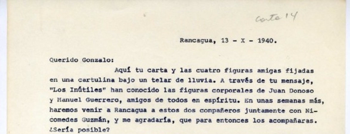 [Carta] 1940 octubre 13, Rancagüa, [Chile a] Gonzalo Drago  [manuscrito] Oscar Castro.