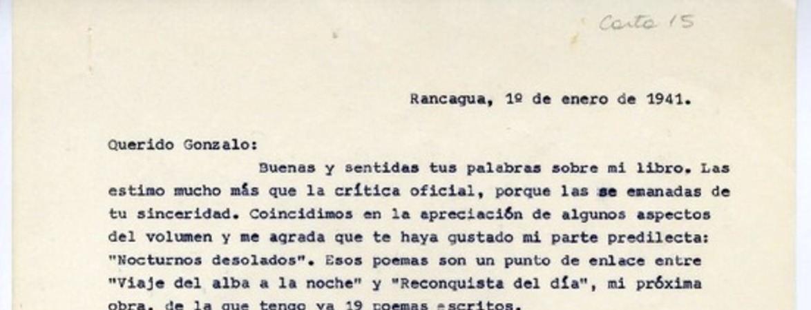 [Carta] 1941 enero 1, Rancagüa, Chile [a] Gonzalo Drago  [manuscrito] Oscar Castro.