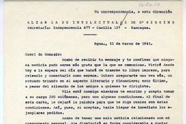[Carta] 1941 marzo 11, Rancagüa, Chile [a] Gonzalo Drago  [manuscrito] Oscar Castro.