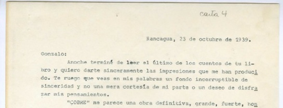 [Carta] 1939 octubre 23, Rancagüa, Chile [a] Gonzalo Drago  [manuscrito] Oscar Castro Z.