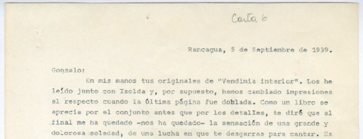 [Carta] 1939 septiembre 5, Rancagüa, Chile [a] Gonzalo Drago  [manuscrito] Oscar Castro Z.