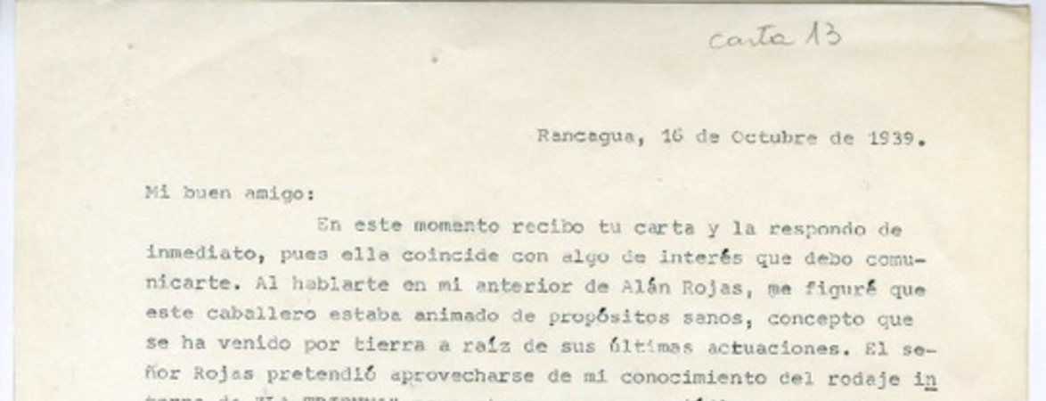 [Carta] 1939 octubre 16, Rancagüa, Chile [a] Gonzalo Drago  [manuscrito] Oscar Castro Z.