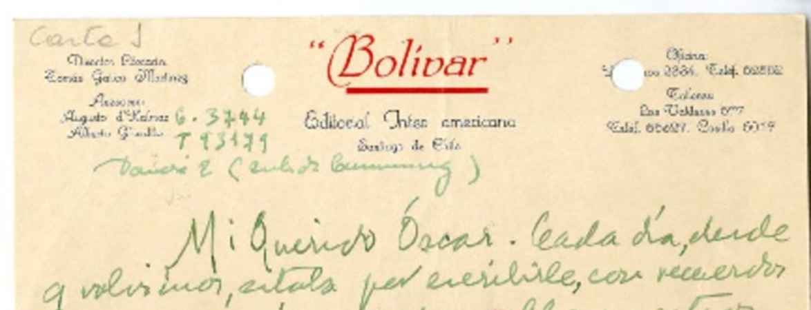 [Tarjeta] 1939 diciembre 2, Valparaíso, Chile [a] Oscar Castro  [manuscrito] Augusto D'Halmar.