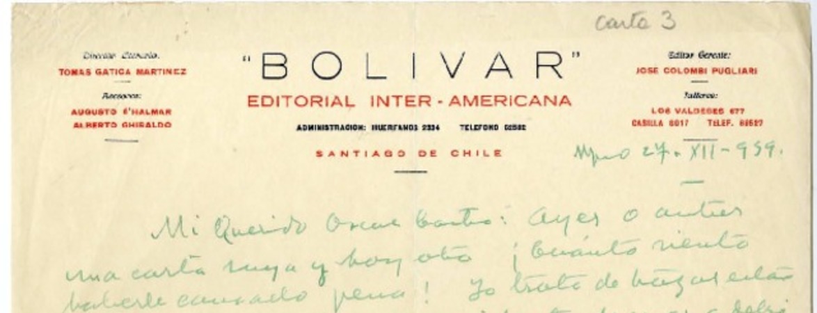 [Carta] 1939 diciembre 27, Valparaíso, Chile [a] Oscar Castro  [manuscrito] Augusto D'Halmar.