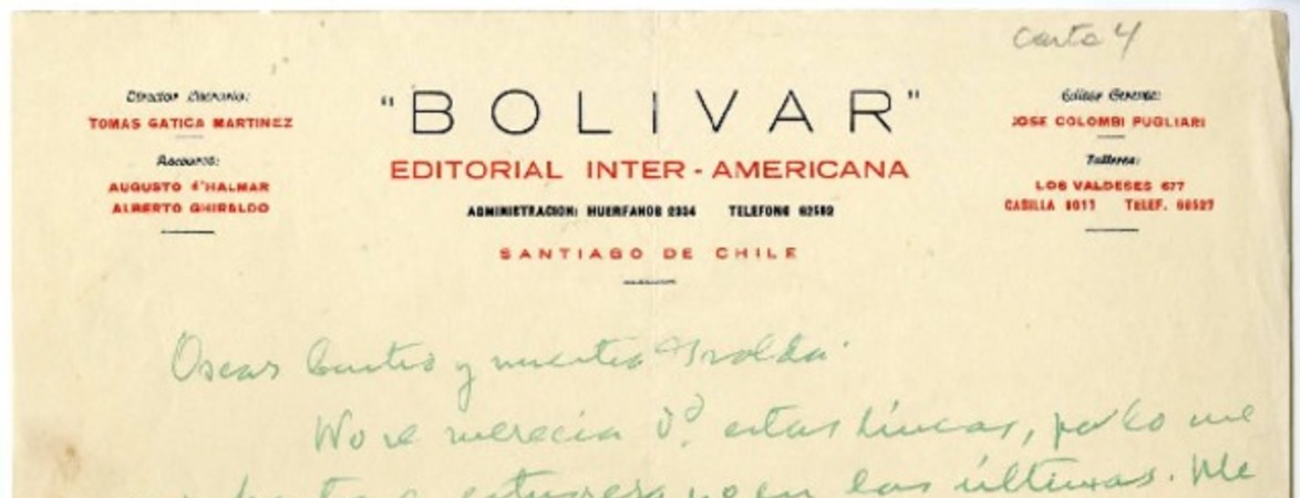 [Carta] [1939?] Valparaíso, Chile [a] Oscar Castro [e] Isolda Pradel  [manuscrito] Augusto D'Halmar.