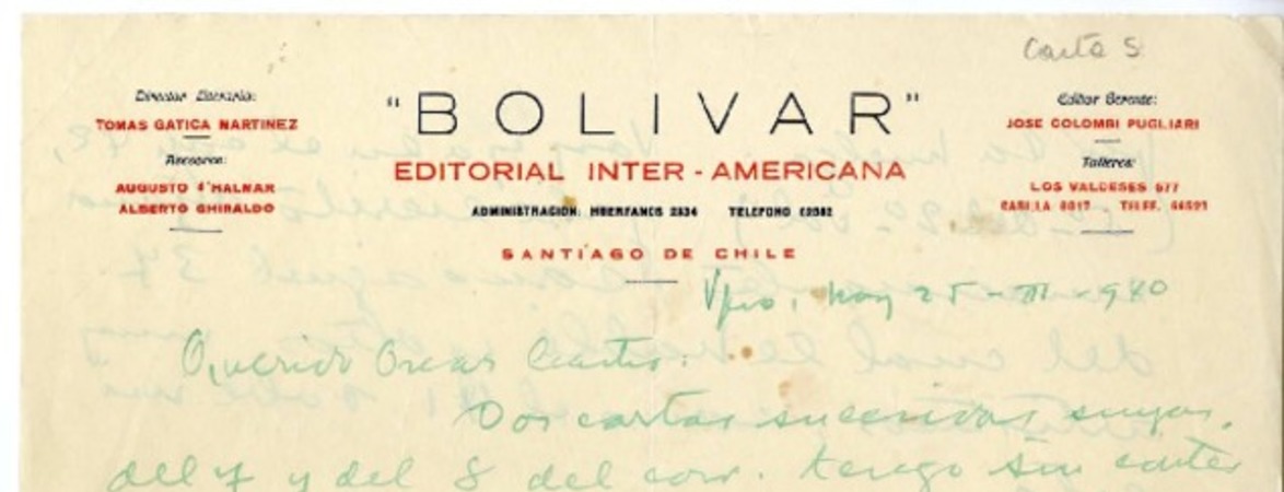 [Carta] 1940 marzo 25, Valparaíso, Chile [a] Oscar Castro  [manuscrito] Augusto D'Halmar.
