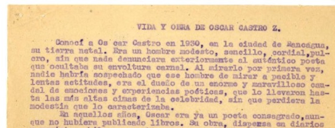 Vida y obra de Oscar Castro Z.  [manuscrito] Gonzalo Drago.