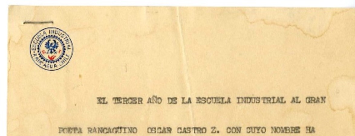 [Tarjeta] 1949 octubre 10, Rancagüa, Chile   Escuela Industrial de Rancagüa.