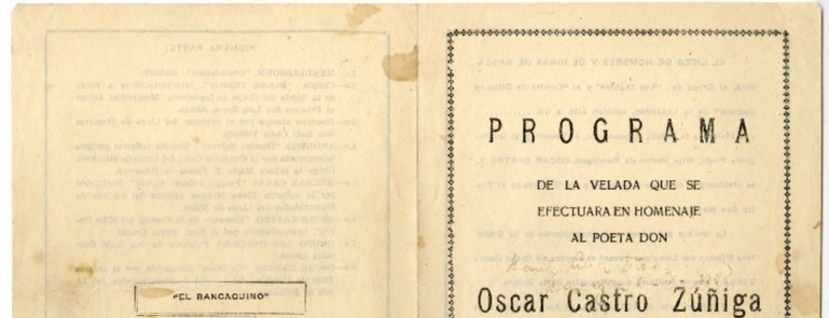 Programa de la velada [fúnebre] que se efectuará en homenaje al poeta Oscar Castro Zúñiga : el día 6 de junio a las 10 horas, Teatro San Martín.