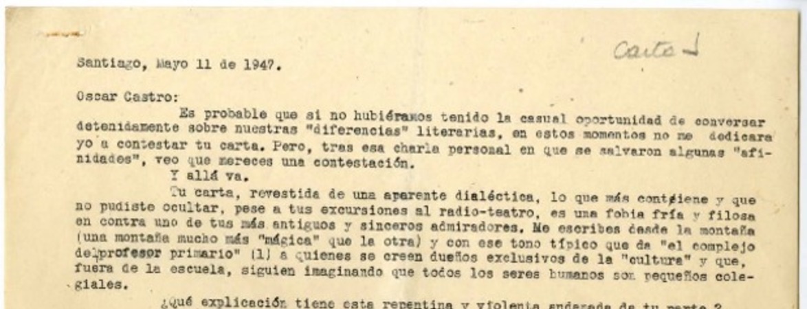 [Carta] 1947 mayo 11, Santiago, Chile [a] Oscar Castro  [manuscrito] Edmundo Concha.