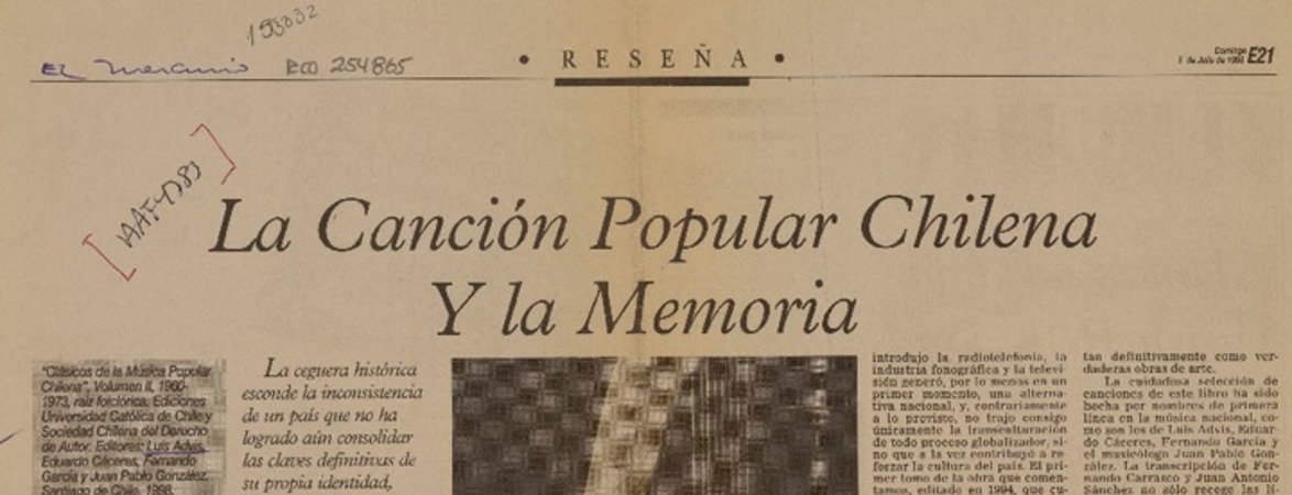 La canción popular chilena y la memoria  [artículo] Eduardo Carrasco.