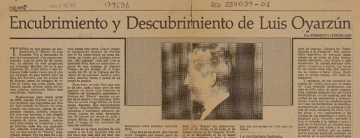 Encubrimiento y descubrimiento de Luis Oyarzún  [artículo] Enrique Lafourcade.