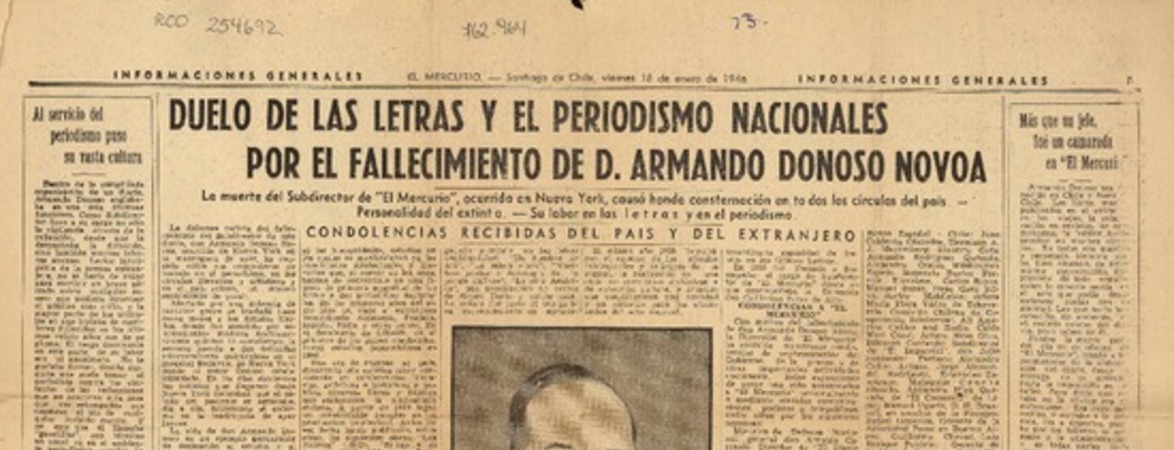 Duelo de las letras y el periodismo nacionales por el fallecimiento de D. Armando Donoso Novoa  [artículo] Andrés González Blanco.