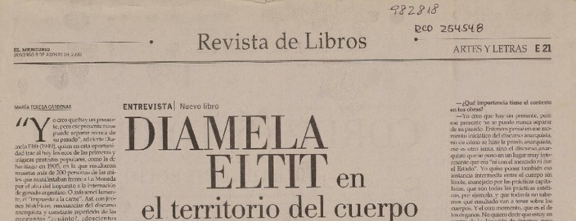 Diamela Eltit en el territorio del cuerpo (entrevista)  [artículo] María Teresa Cárdenas