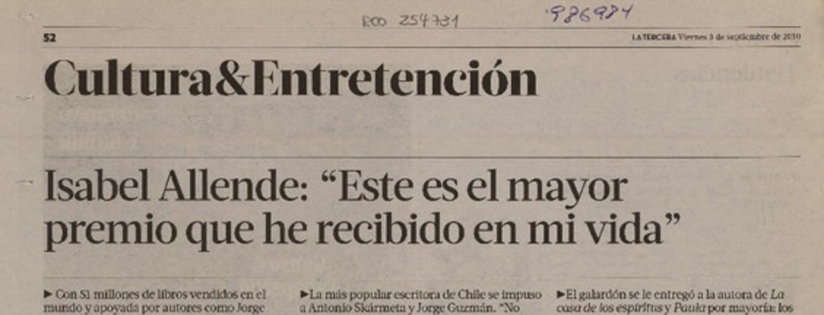 "Este es el mayor premio que he recibido en mi vida"  [artículo] Roberto Careaga C. y Andrés Bravo.