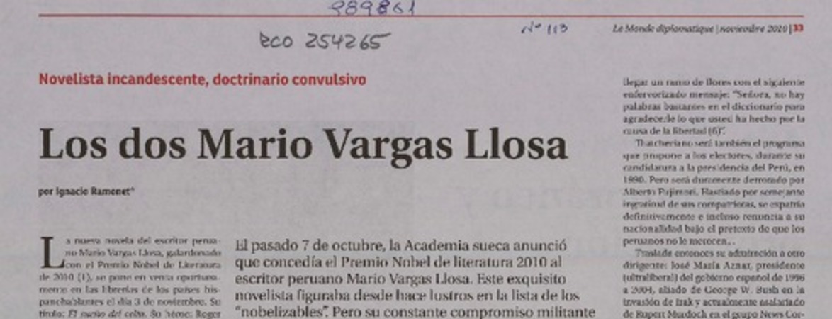 Los dos Mario Vargas Llosa  [artículo] Ignacio Ramonet.
