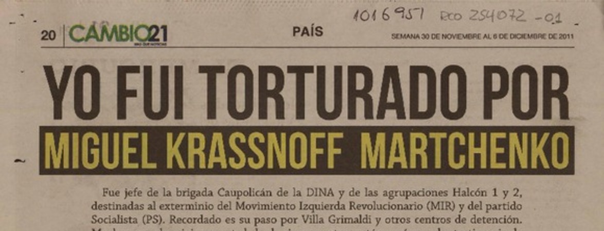Yo fui torturado por Miguel Krassnoff Martchenko  [artículo] M. C. P.