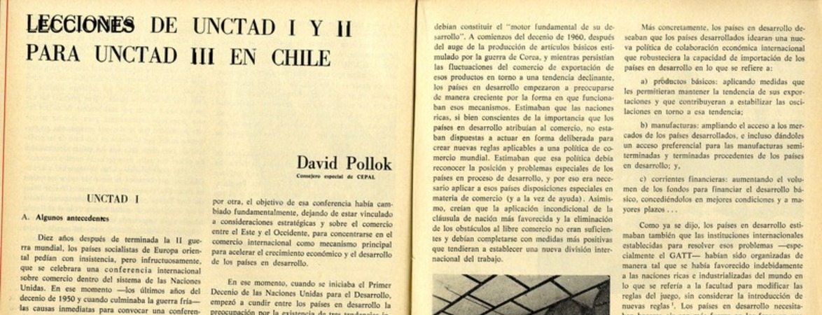 Lecciones de UNCATD I y II para UNCTAD III en Chile  [artículo] David Pollok.