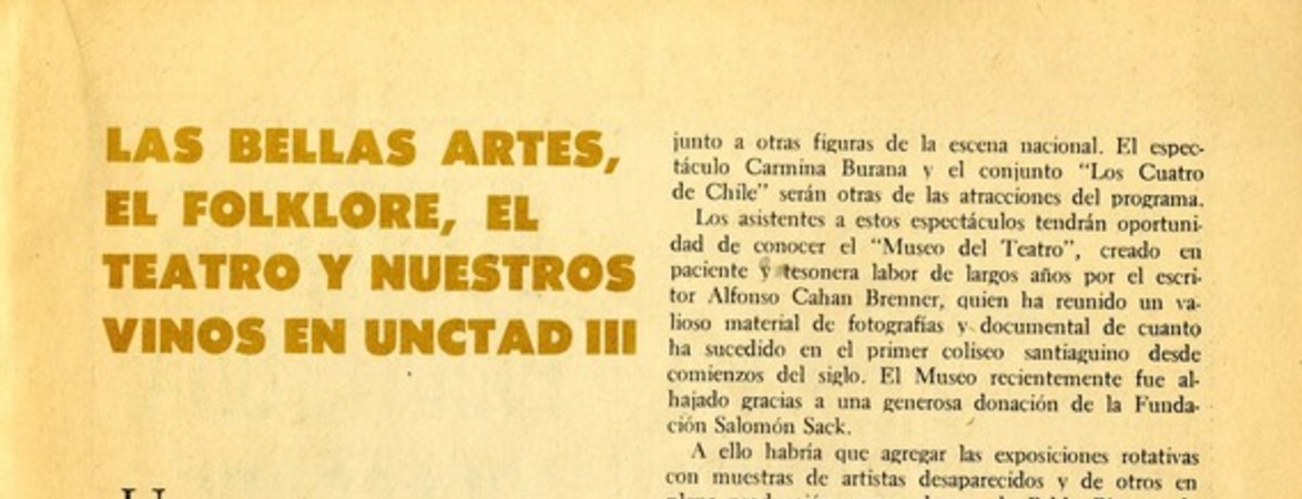 Las bellas artes, el folklore, el teatro y nuestros vinos en UNCTAD III  [artículo].