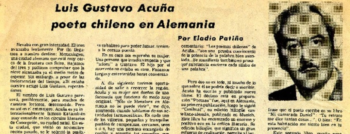 Luis Gustavo Acuña poeta chileno en Alemania  [artículo] Eladio Patiño.