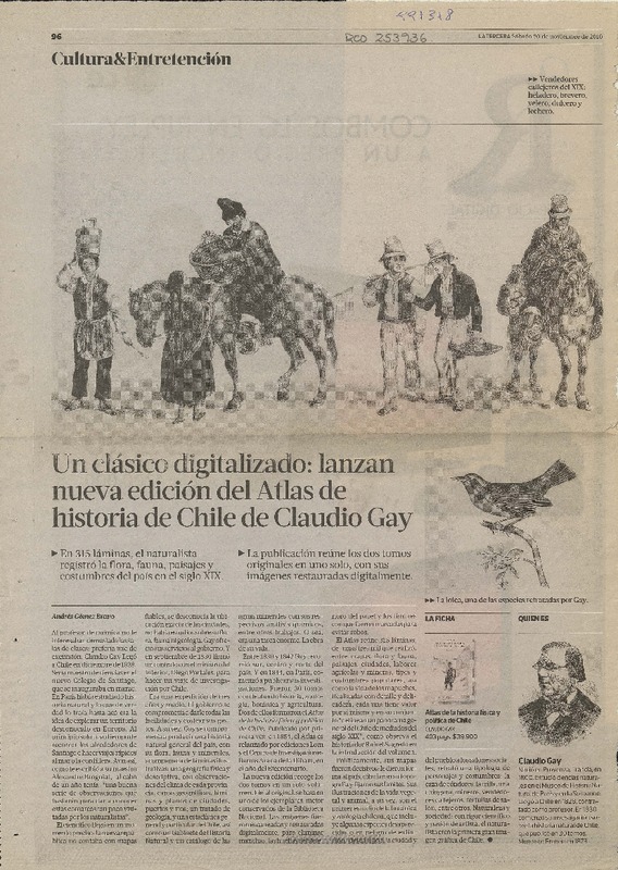 Un clásico digitalizado: lanzan nueva edición del Atlas de historia de Chile de Claudio Gay. [artículo] Andrés Gómez Bravo.