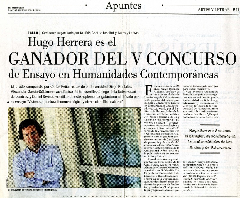 Hugo Herrera es el ganador del V concurso de ensayo y humanidades contemporáneas  [artículo].