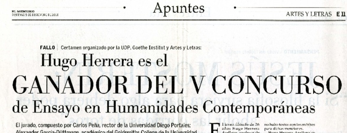 Hugo Herrera es el ganador del V concurso de ensayo y humanidades contemporáneas  [artículo].