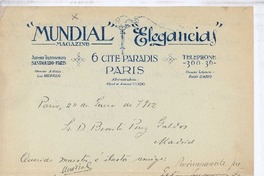 [Carta], 1912 ene. 26 Paris, Francia <a> Benito Pérez Galdos