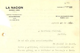 [Carta] 1933 ago. 30, París [a] Gabriela Mistral, Madrid